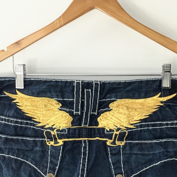 Robins Jeans Mens Blue Classic Embroidered Gold Wings Heavy Stitching 44 x 35 - Picture 9 of 14